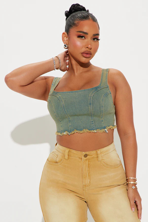 WOMEN'S VINTAGE WASHED DISTRESSED DENIM CROP TOP