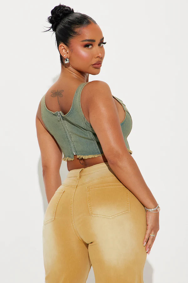 WOMEN'S VINTAGE WASHED DISTRESSED DENIM CROP TOP