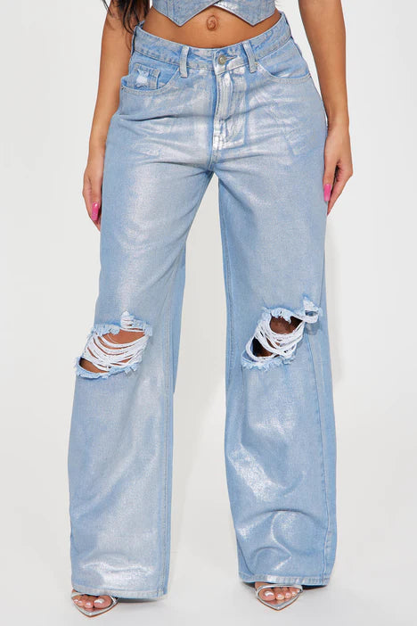HIGH WAISTED FOIL DISTRESSED BAGGY JEANS