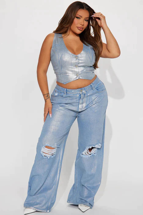SLEEVELESS FOIL DISTRESSED JEAN VEST