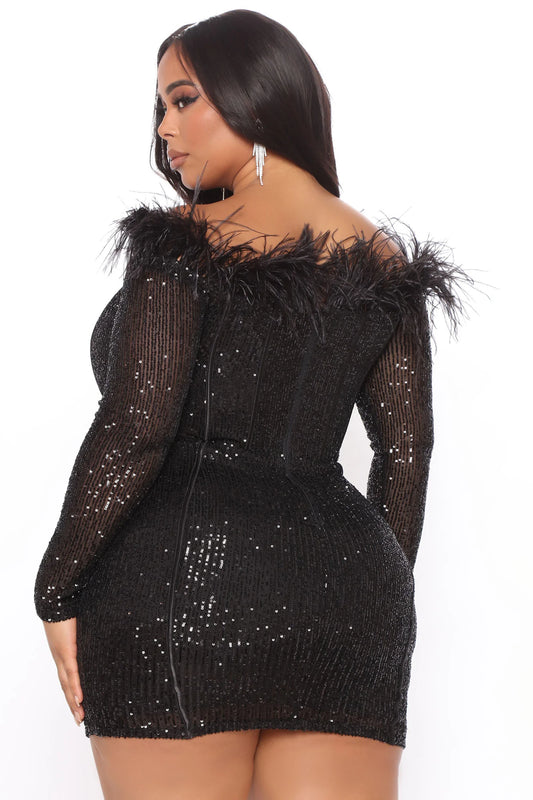 LONG SLEEVE SEQUIN EMBELLISHED FEATHER TRIM MINI DRESS