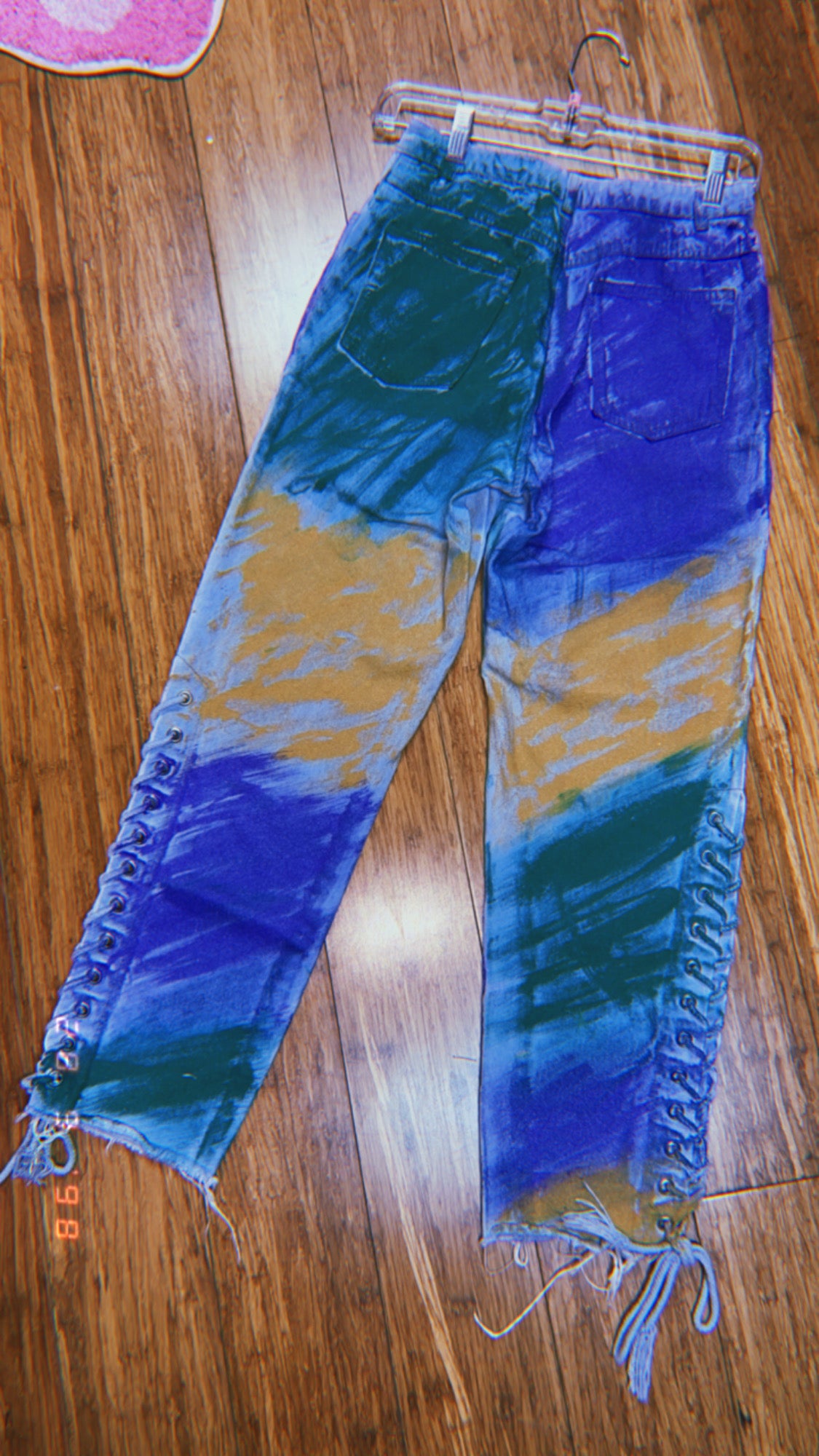 CUSTOM PAINTED MARDI GRAS LACED UP DENIM JEANS