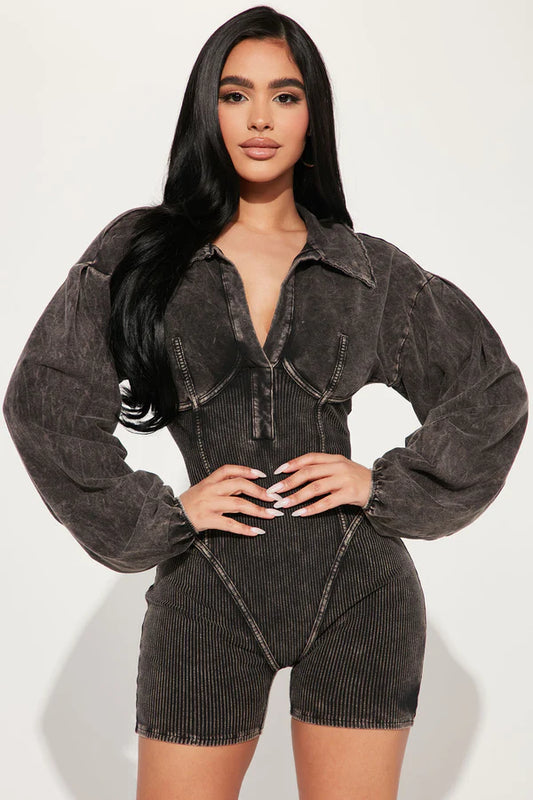 FASHIONNOVA LONG SLEEVE ONE PIECE RIBBED ROMPER