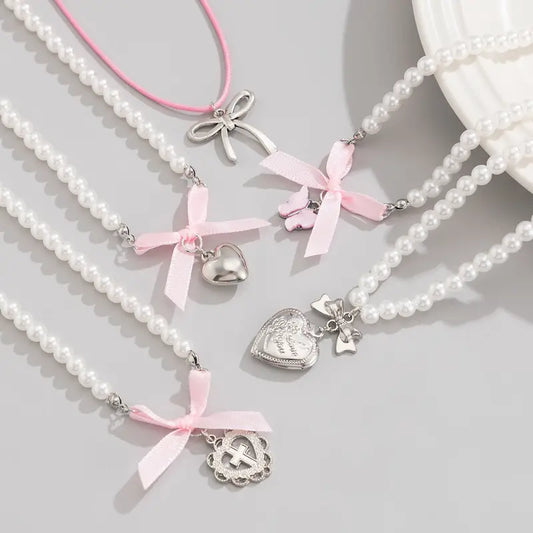 5 Heart Butterfly Pearl Necklace Set