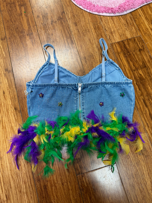 FLORAL ARRANGEMENTS MARDI GRAS DENIM CROP TOP