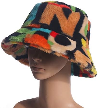 Winter Faux Fur Bucket Hat Fluffy Warm Hat for Women Men Abstract Multicolored Print