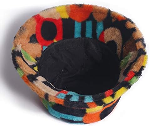 Winter Faux Fur Bucket Hat Fluffy Warm Hat for Women Men Abstract Multicolored Print