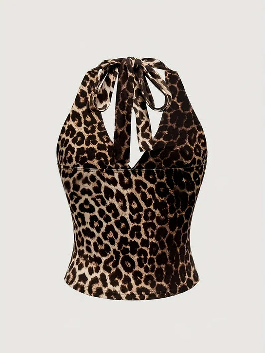 Women's Retro Leopard Print Ruche Halter Top