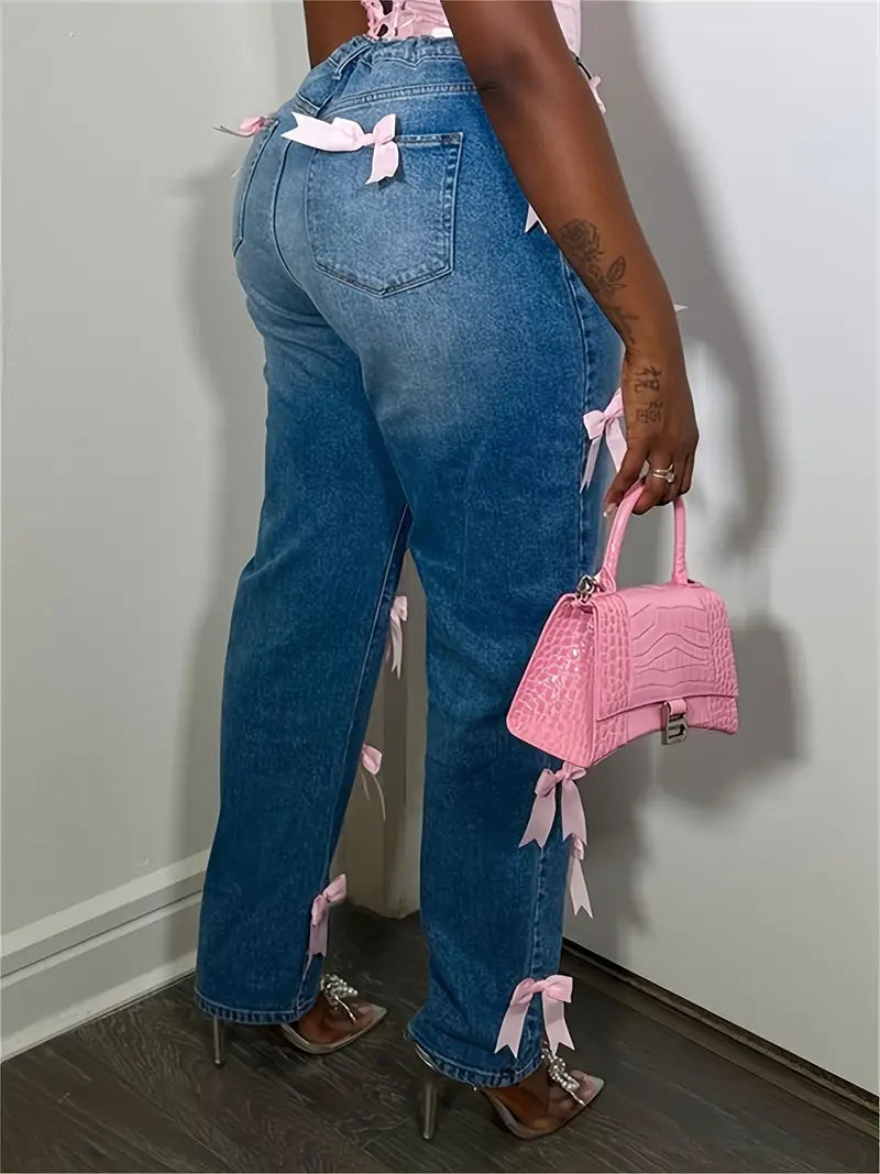 Chic High-Rise Boyfriend Jeans for Women Ripped Denim Bow Detail