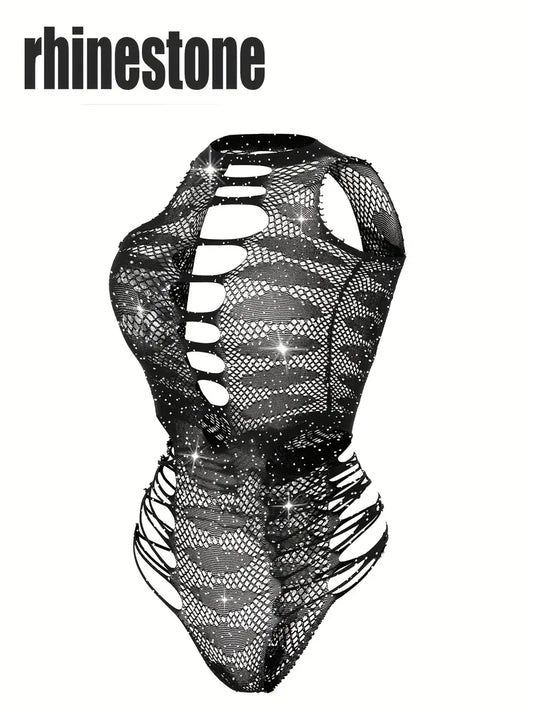 Women's Sleeveless Embellished Rhinestone Fishnet Bodysuit Lingerie
