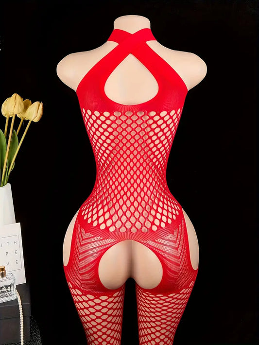 Sexy Fishnet Halter Bodysuit Jumpsuit with Open Crotch Lingerie