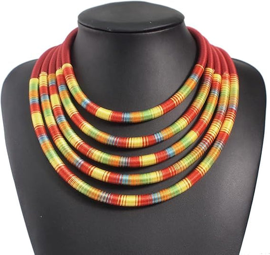 African Choker Necklace Layered Collar Necklace Chunky Tribal Style Statement Necklace African Jewelry Set for Women, with 2 Earrings