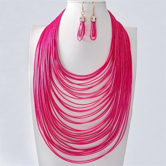 African Multicolor Beaded Layered Chunky Bib Necklace for Women Tassel Wax Line Choker with Earrings Statement Jewelry Set