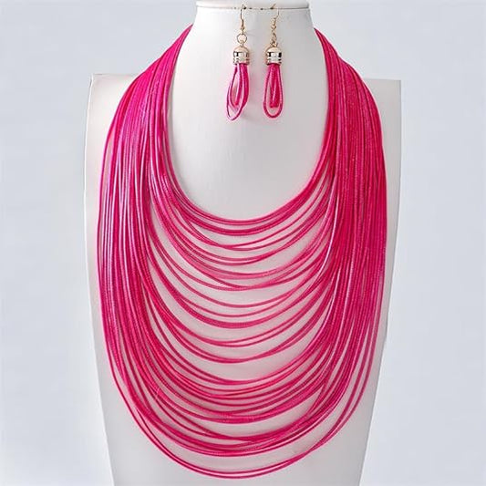 African Multicolor Beaded Layered Chunky Bib Necklace for Women Tassel Wax Line Choker with Earrings Statement Jewelry Set