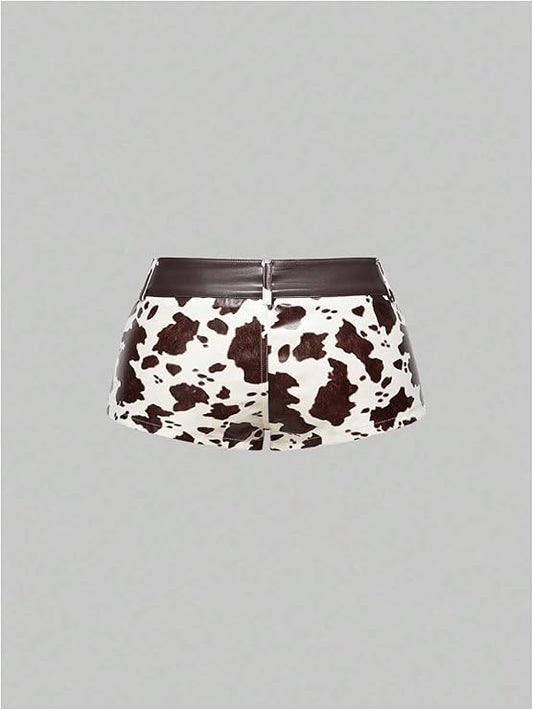 PU Leather Cow Print Low Rise Micro Mini Shorts