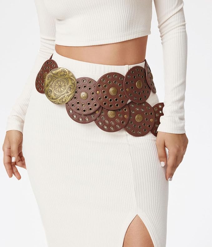 Wide Disc Belt for Women Leather Hollow Out Round Belts Vintage Western Waist Belt