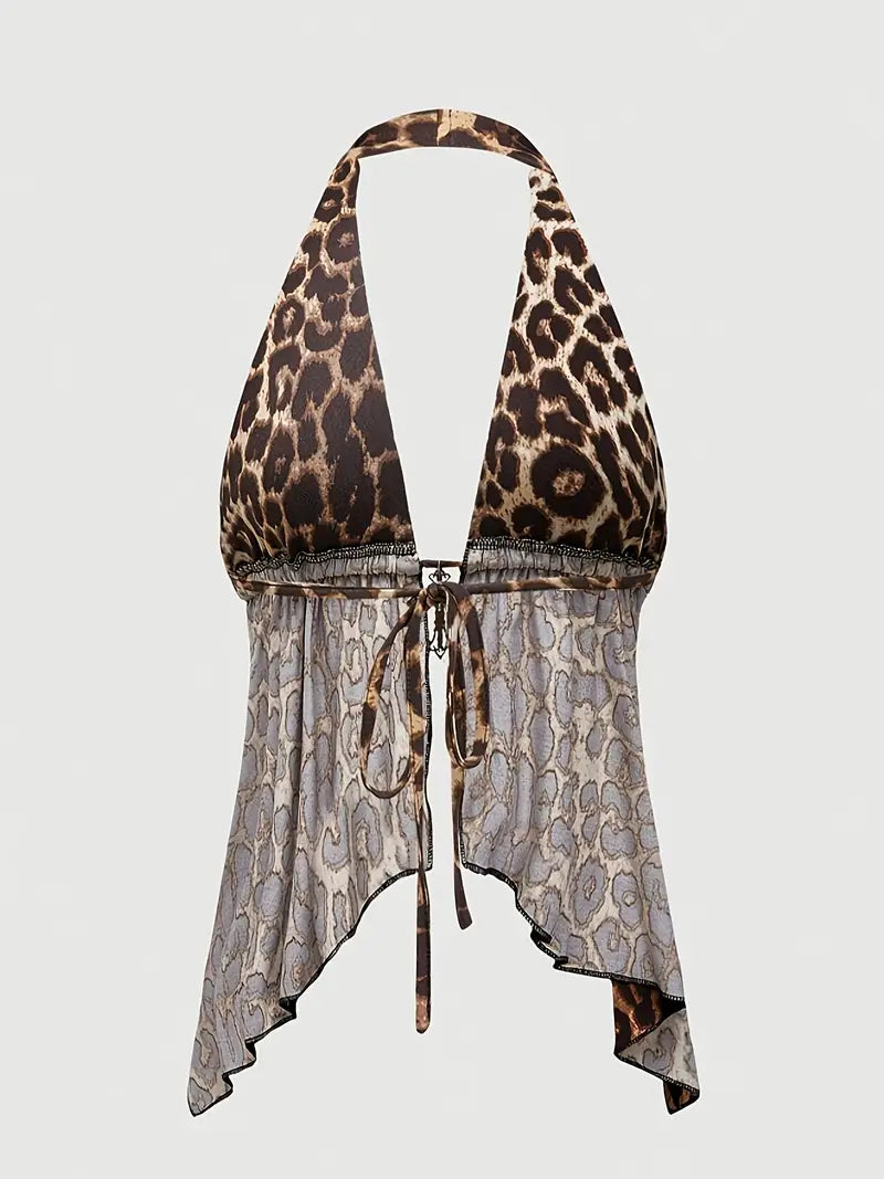 Sleeveless Semi-Sheer Halter Leopard Print Flare Top