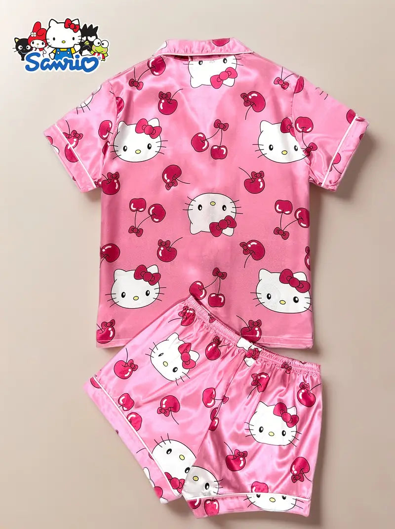 Sanrio HELLO KITTY Printed Satin Youth Pajama Set, Collar Button Open Cardigan Short Sleeve Top and Shorts Pajama Set