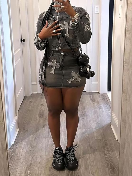 2 Piece Denim Skirt Set Long Sleeve Zipper Jean Jacket Top Mini Skirt Bodycon Set