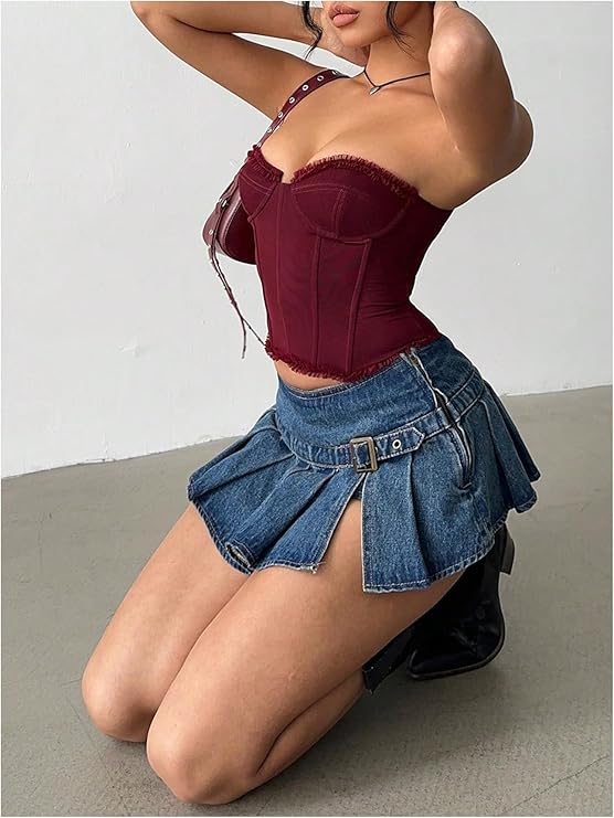 Women's Pleated Mini Denim Skirt Buckle Jean Skirt