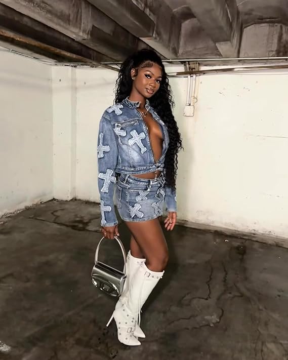 2 Piece Denim Skirt Set Long Sleeve Zipper Jean Jacket Top Mini Skirt Bodycon Set