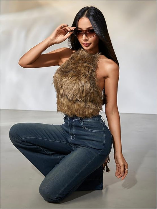 Faux Fur Halter Backless Sleeveless Crop Top