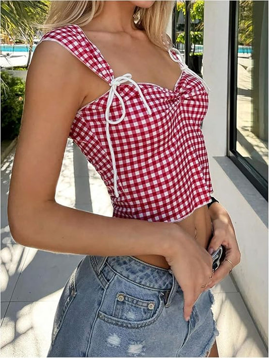 Plaid Cami Crop Tops Camisole with bows