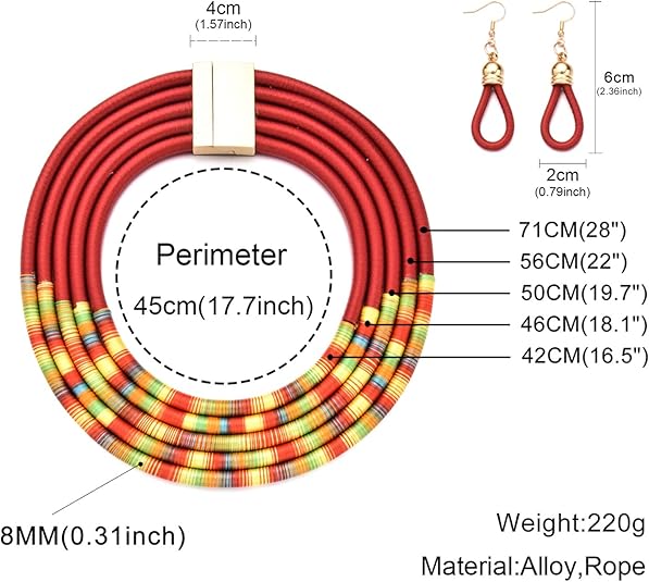 African Choker Necklace Layered Collar Necklace Chunky Tribal Style Statement Necklace African Jewelry Set for Women, with 2 Earrings