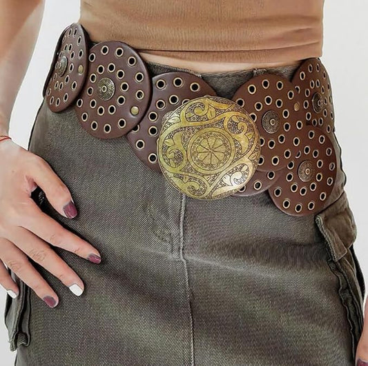 Wide Disc Belt for Women Leather Hollow Out Round Belts Vintage Western Waist Belt