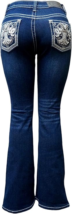 H&Y Cross Rhinestone Studded Denim Bootcut Flap Pocket Jeans