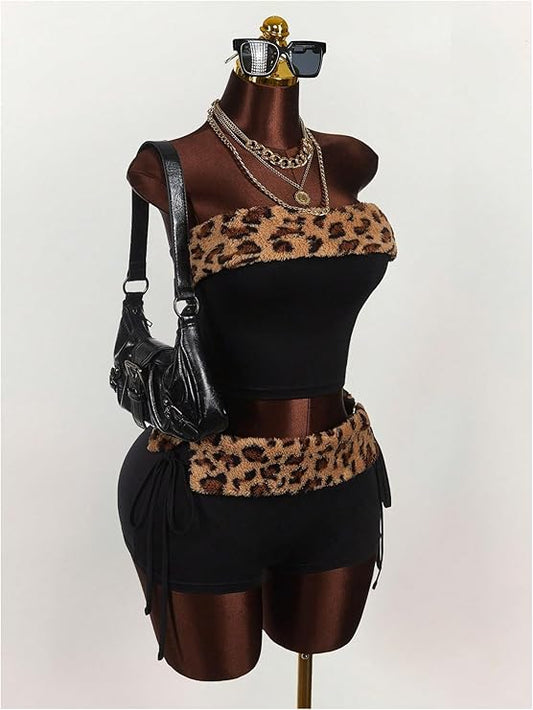 2 Piece Leopard Club Outfits Crop Strapless Tube Top and Shorts