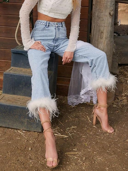 HIGH WAISTED DENIM FEATHER TRIM MOM JEANS