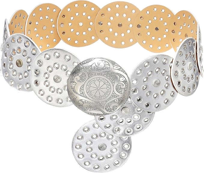Wide Disc Belt for Women Leather Hollow Out Round Belts Vintage Western Waist Belt