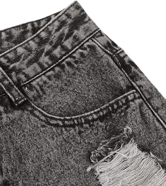 Women's Casual Ripped Raw Hem Asymmetrical Denim Shorts with Pocket