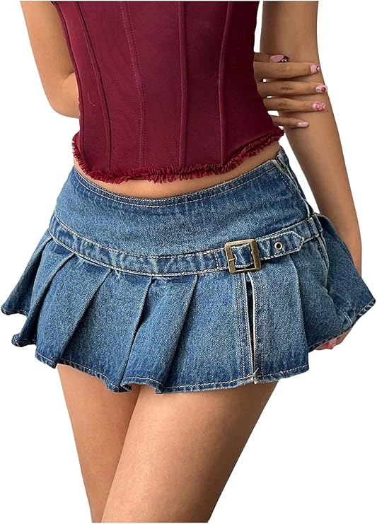 Women's Pleated Mini Denim Skirt Buckle Jean Skirt