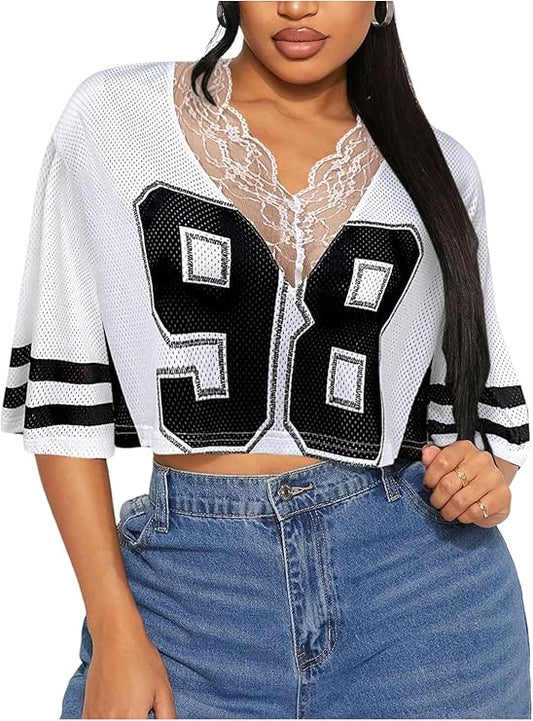 VINTAGE VARISTY LACE OVERSIZED JERSEY CROP TOP