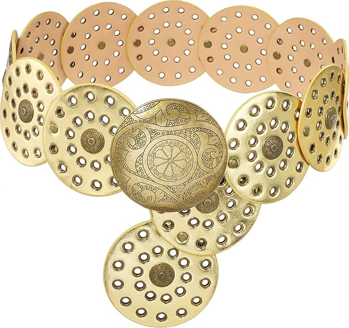 Wide Disc Belt for Women Leather Hollow Out Round Belts Vintage Western Waist Belt