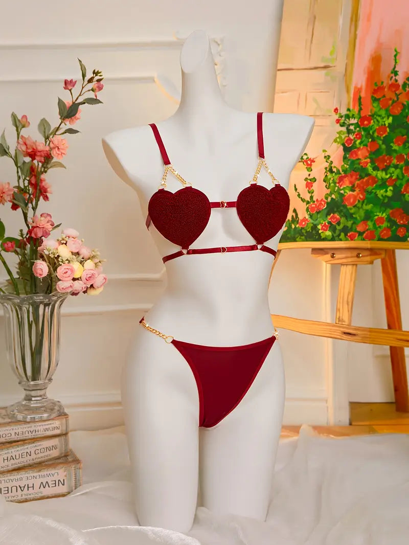 Sexy Women's 2 Piece Fuzzy Heart Shaped Lingerie Set