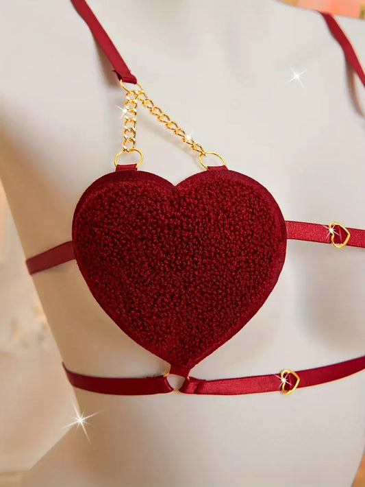 Sexy Women's 2 Piece Fuzzy Heart Shaped Lingerie Set