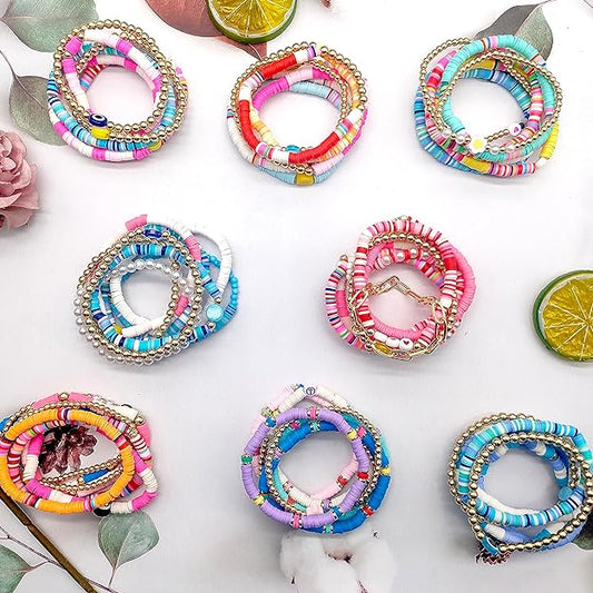 Preppy Heishi Bracelets Set Colorful White Gold Heart Star Evil Eye Beaded Polymer Clay Pearl Stackable Charm Y2K Kidcore Summer Beach Bohemian Layering Bracelets Jewelry for Women