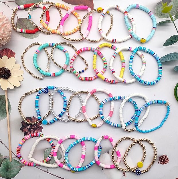 Preppy Heishi Bracelets Set Colorful White Gold Heart Star Evil Eye Beaded Polymer Clay Pearl Stackable Charm Y2K Kidcore Summer Beach Bohemian Layering Bracelets Jewelry for Women