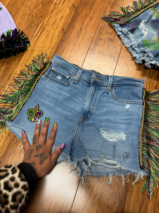 MARDI GRAS CUSTOM PATCHWORK PAINT LINER DENIM SHORTS (PRE-ORDER)