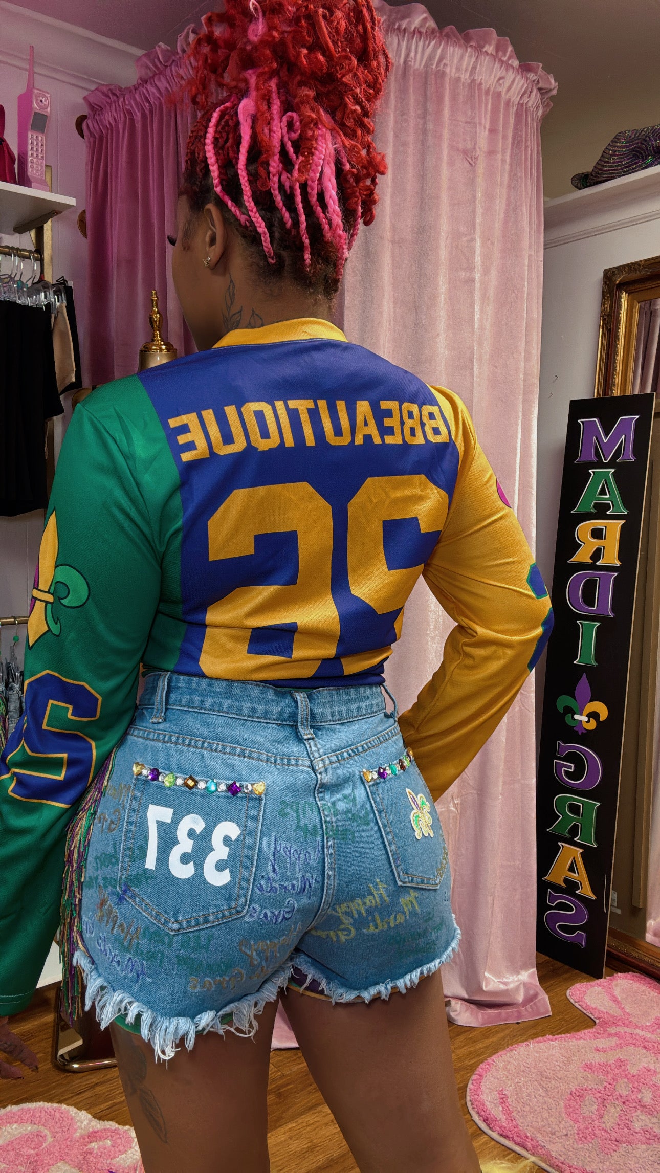 MARDI GRAS Custom "337 HAPPY MARDI GRAS" Denim Fringe Shorts
