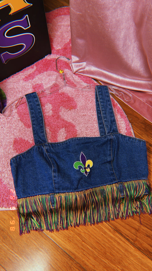 CUSTOM DENIM MARDI GRAS FRINGE CROP TOP WITH PATCHWORK