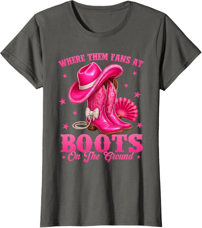 Breast Cancer Awareness Where Them Fans at Boots On The Ground Black Western Cowgirl T-Shirt