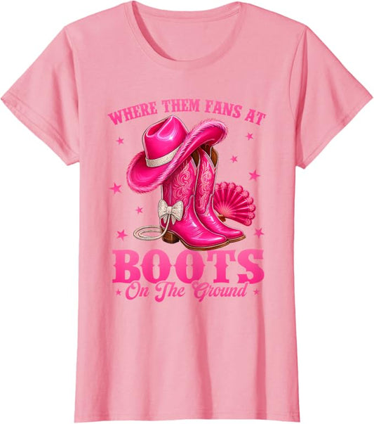 Breast Cancer Awareness Where Them Fans at Boots On The Ground Black Western Cowgirl T-Shirt