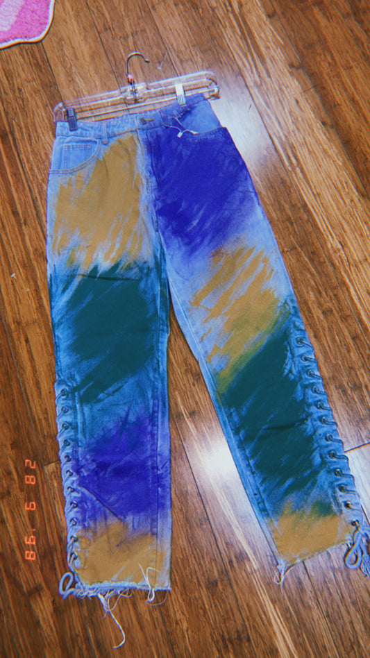 CUSTOM PAINTED MARDI GRAS LACED UP DENIM JEANS