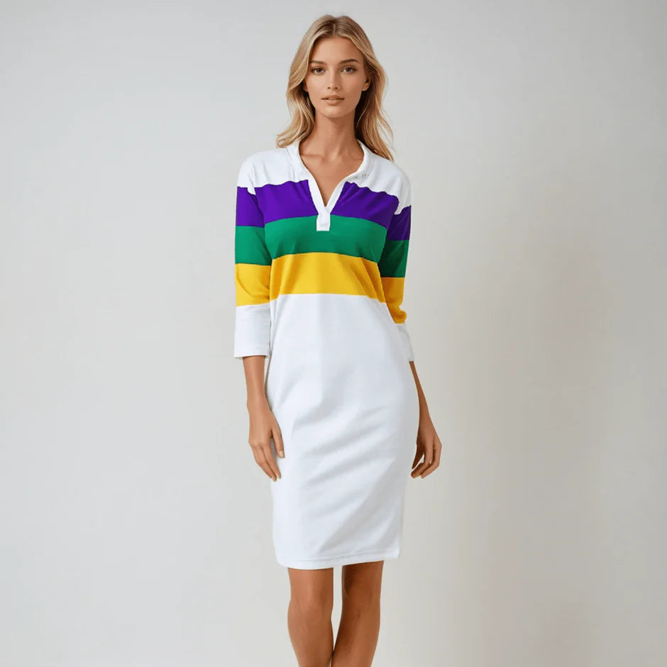 WOMEN'S MARDI GRAS STRIPED HALF-SLEEVE RUGBY POLO DRESS WHITE
