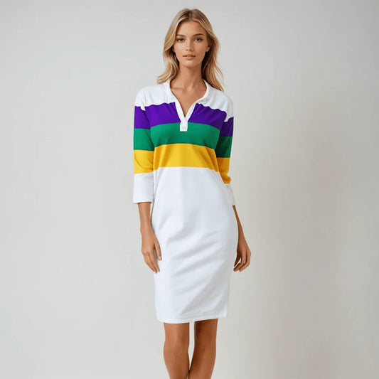 WOMEN'S MARDI GRAS STRIPED HALF-SLEEVE RUGBY POLO DRESS WHITE