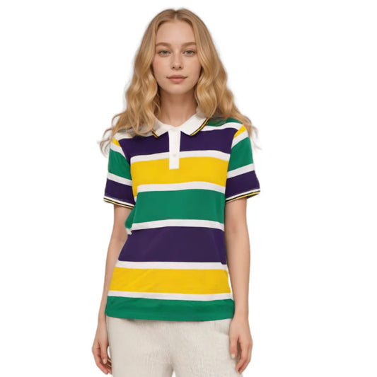 ADULT MARDI GRAS STRIPED PANEL SHORT SLEEVE POLO T-SHIRT-BOLD STRIPE